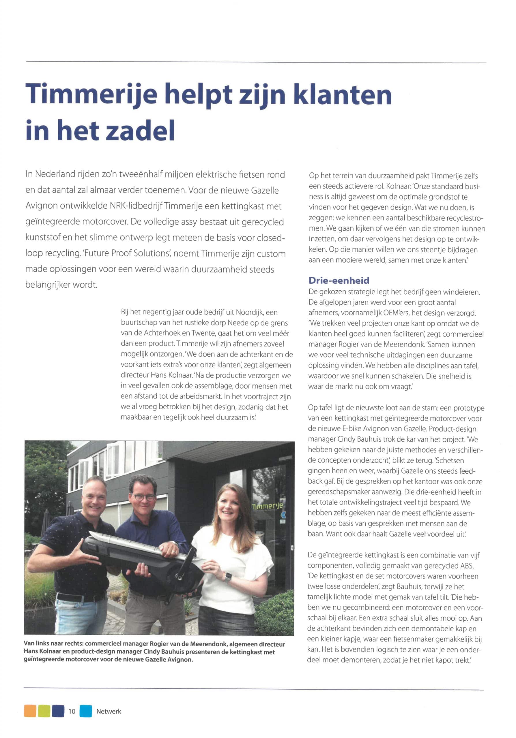 Foto van een artikel uit het NETWERK blad van de Federatie Nederlandse Rubber– en Kunststofindustrie over Timmerije en zijn klant.